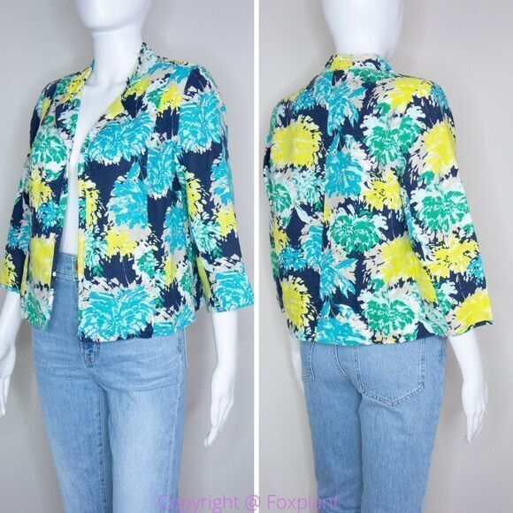 Kim‎ Rogers linen hawaii floral print blazer jacket, women's size Petite Small - Picture 1 of 16